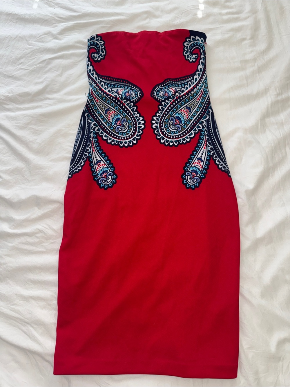 Strapless Red Paisley-Print Dress